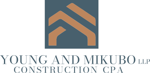 Logo for Young and Mikubo LLP Construction CPA, featuring a stylized geometric roof design in brown above the company name in blue-gray text.