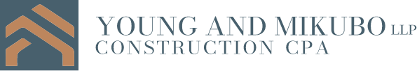Logo for Young and Mikubo LLP Construction CPA featuring a geometric house-like icon in tan and blue, with the business name and tagline in blue uppercase letters to the right.